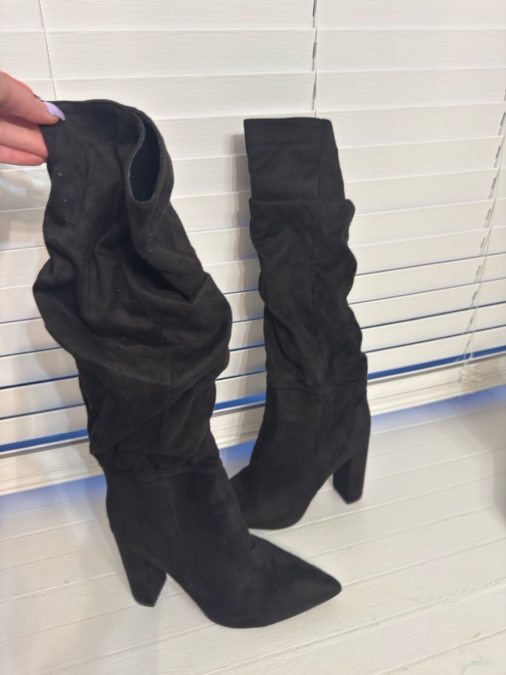 Black Suede Slouchy Knee-High Heeled Boots